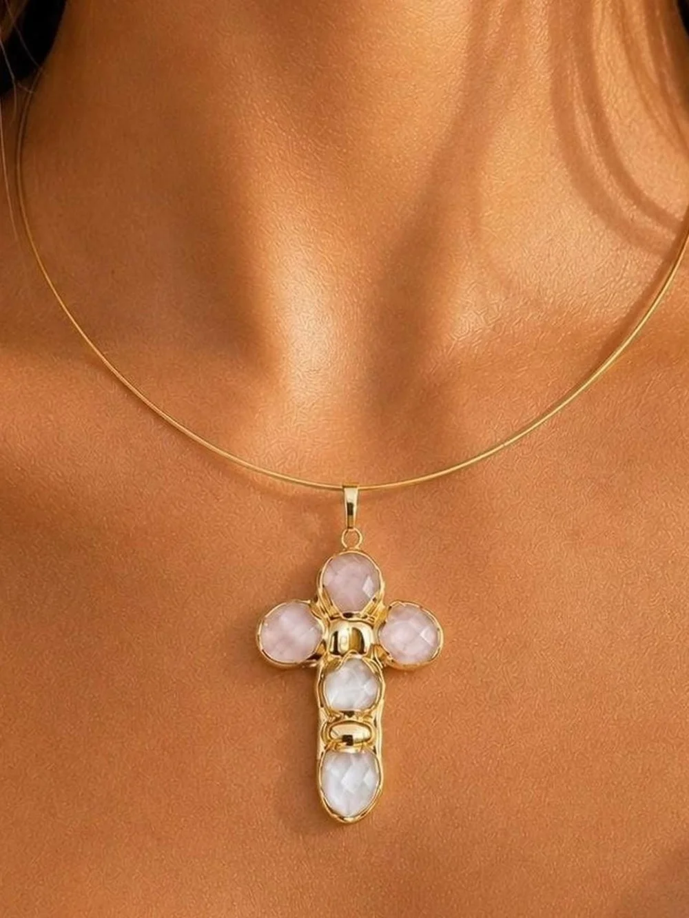 Natural Stone Cross Choker Necklace